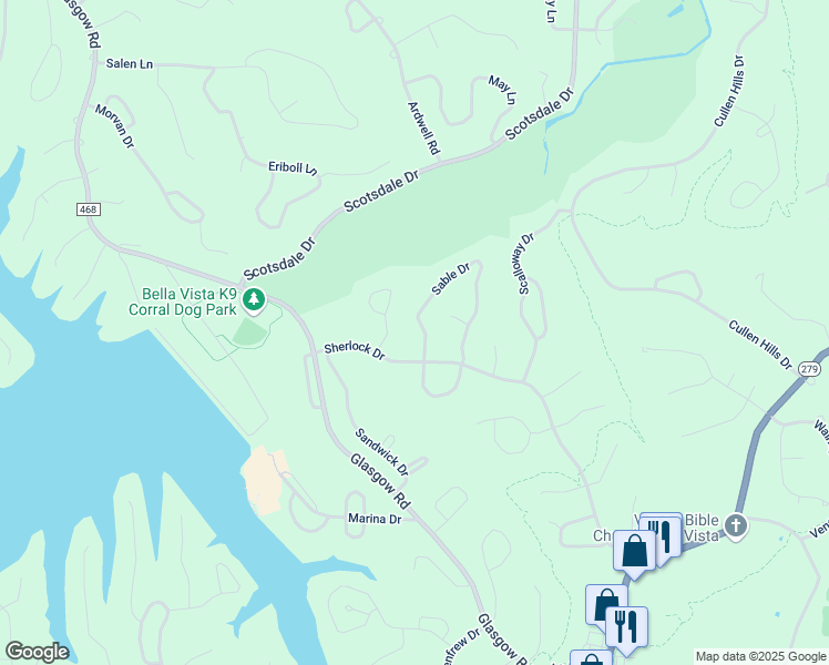 map of restaurants, bars, coffee shops, grocery stores, and more near 50 Sable Drive in Bella Vista