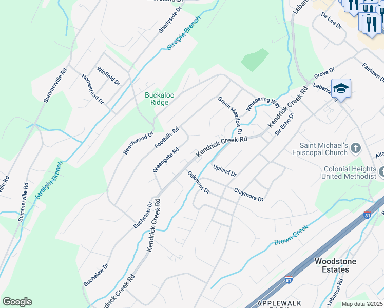 map of restaurants, bars, coffee shops, grocery stores, and more near 920 Kendrick Creek Road in Kingsport