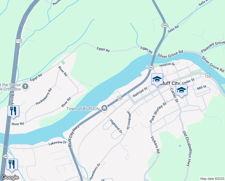 map of restaurants, bars, coffee shops, grocery stores, and more near 4282 Bluff City Highway in Bluff City