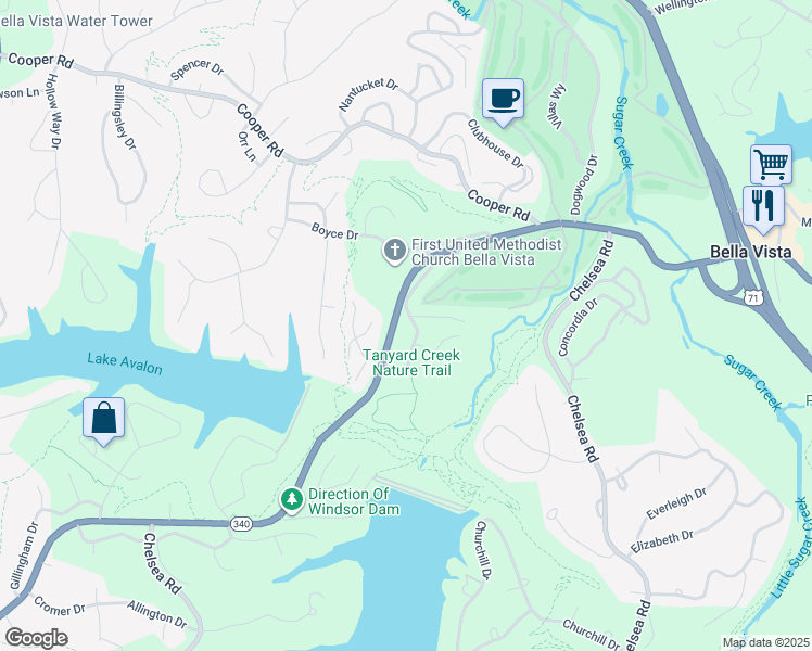 map of restaurants, bars, coffee shops, grocery stores, and more near 30 Tanyard Drive in Bella Vista