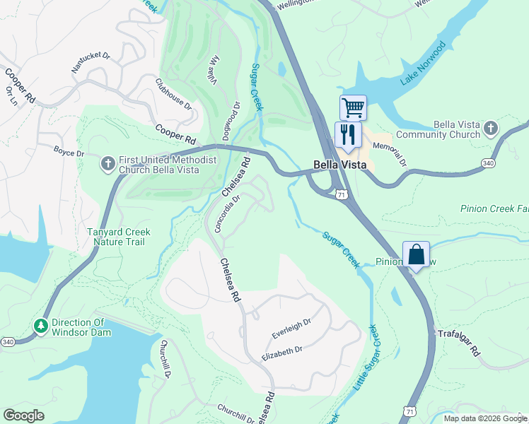 map of restaurants, bars, coffee shops, grocery stores, and more near 10 Wesley Drive in Bella Vista