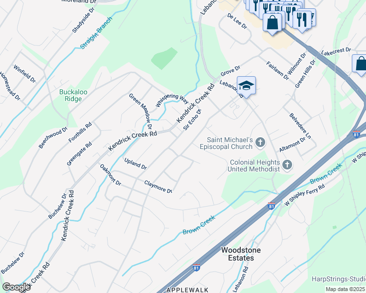 map of restaurants, bars, coffee shops, grocery stores, and more near 801 Sir Echo Drive in Kingsport