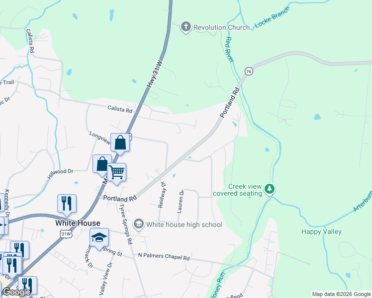 map of restaurants, bars, coffee shops, grocery stores, and more near 310 Eastside Drive in White House