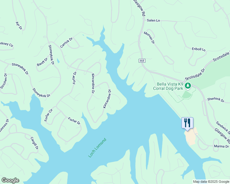 map of restaurants, bars, coffee shops, grocery stores, and more near 112 Kincardine Drive in Bella Vista