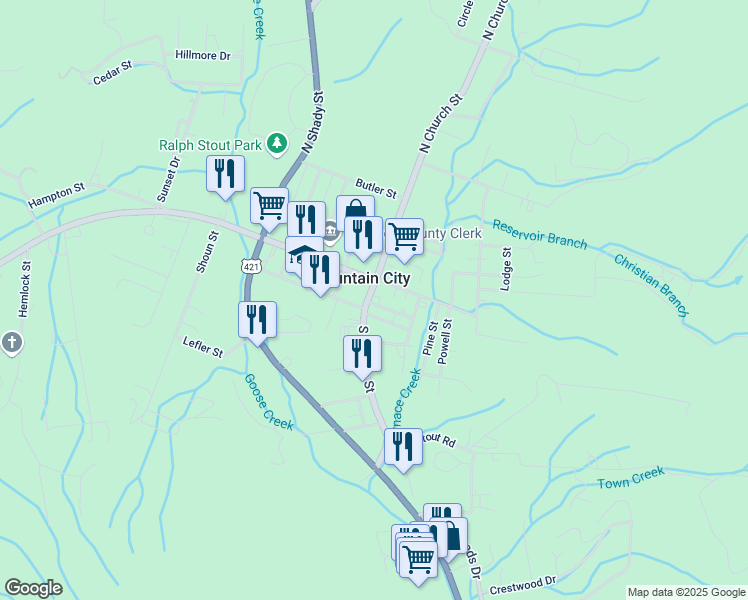 map of restaurants, bars, coffee shops, grocery stores, and more near 109 S Church St in Mountain City