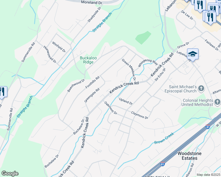 map of restaurants, bars, coffee shops, grocery stores, and more near 920 Kendrick Creek Road in Kingsport