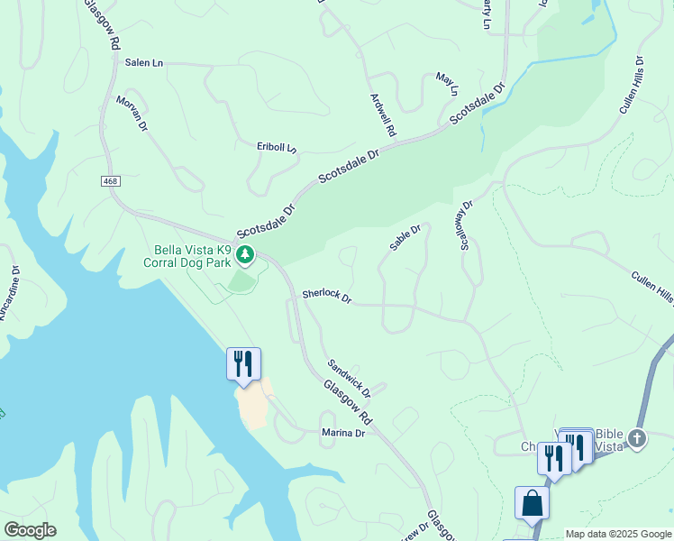 map of restaurants, bars, coffee shops, grocery stores, and more near 10 Skelton Drive in Bella Vista