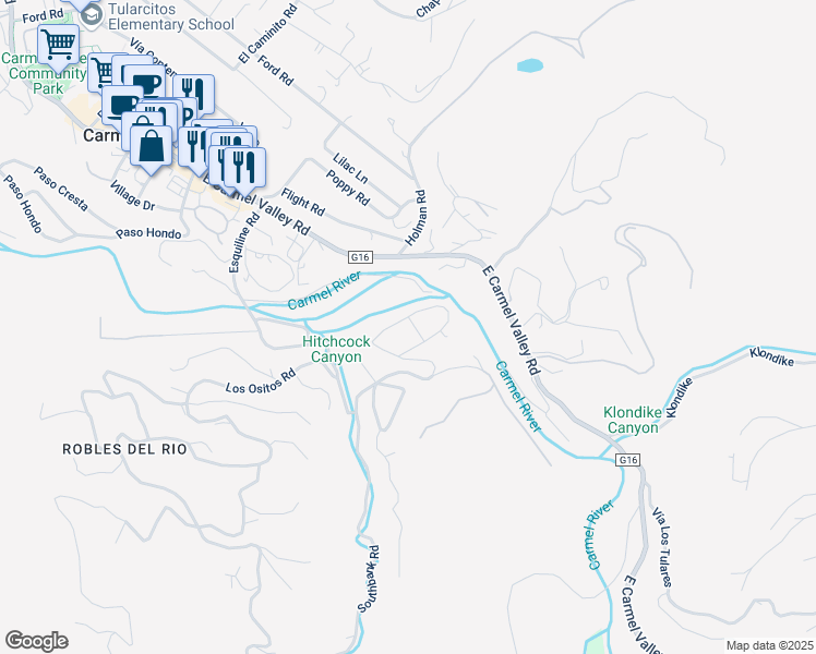 map of restaurants, bars, coffee shops, grocery stores, and more near 50 El Potrero in Carmel Valley