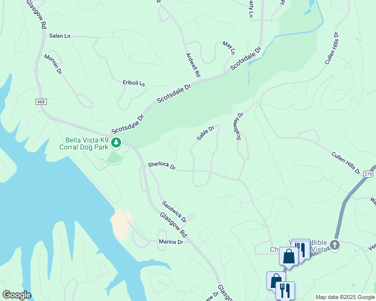 map of restaurants, bars, coffee shops, grocery stores, and more near 50 Sable Drive in Bella Vista