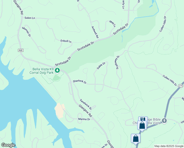 map of restaurants, bars, coffee shops, grocery stores, and more near 50 Sable Drive in Bella Vista