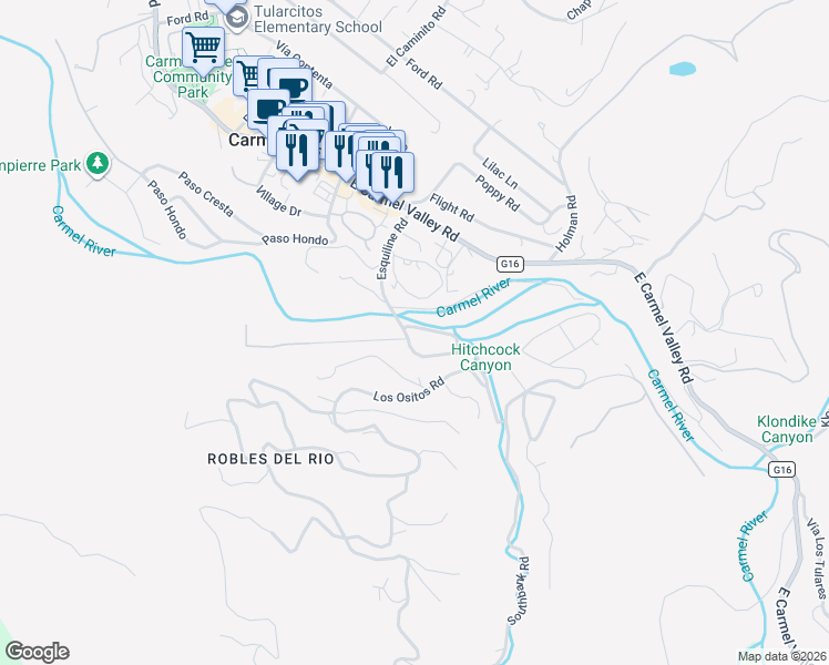 map of restaurants, bars, coffee shops, grocery stores, and more near 2 Esquiline Road in Carmel Valley