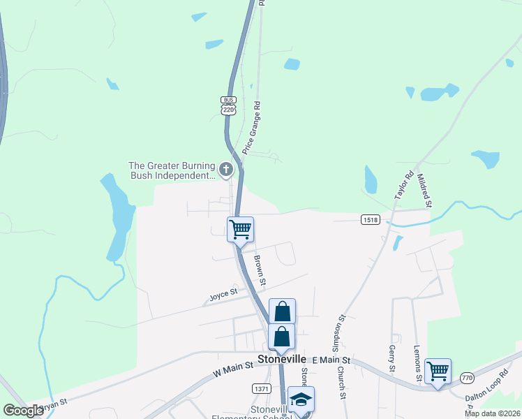 map of restaurants, bars, coffee shops, grocery stores, and more near 105 Duncan Street in Stoneville