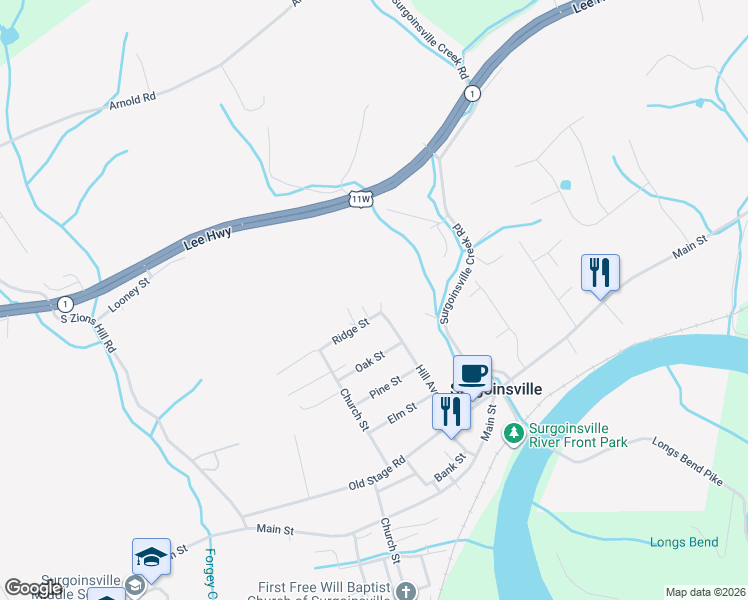 map of restaurants, bars, coffee shops, grocery stores, and more near 104 Ridge St in Surgoinsville
