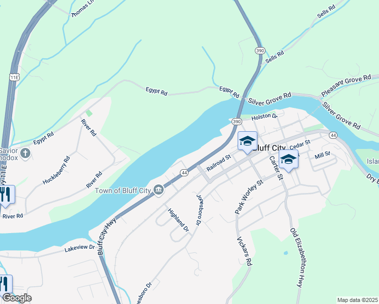 map of restaurants, bars, coffee shops, grocery stores, and more near 4282 Bluff City Highway in Bluff City