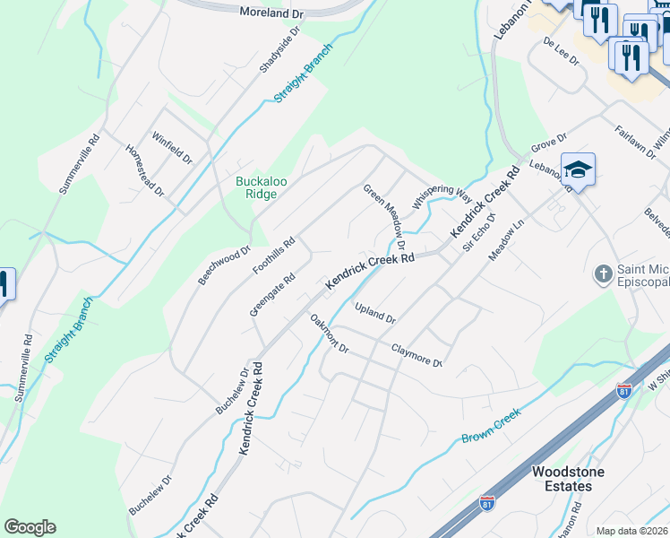map of restaurants, bars, coffee shops, grocery stores, and more near 920 Kendrick Creek Road in Kingsport