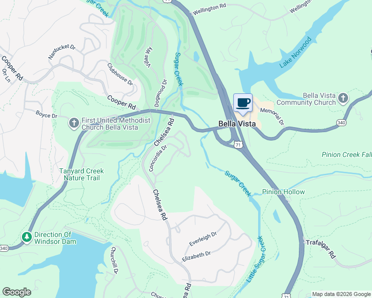 map of restaurants, bars, coffee shops, grocery stores, and more near 10 Wesley Drive in Bella Vista