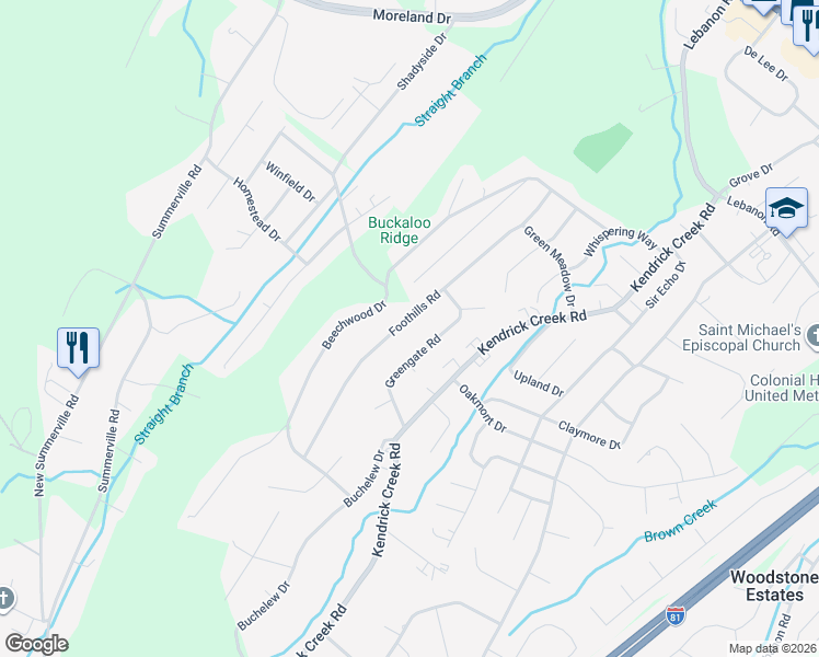 map of restaurants, bars, coffee shops, grocery stores, and more near 721 Foothills Road in Kingsport