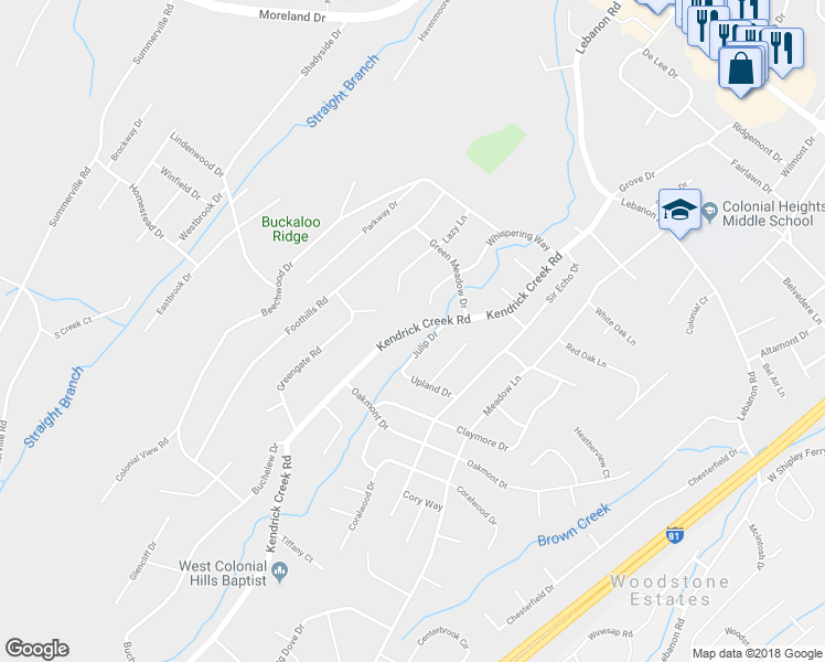 map of restaurants, bars, coffee shops, grocery stores, and more near 905 Kendrick Creek Road in Colonial Heights