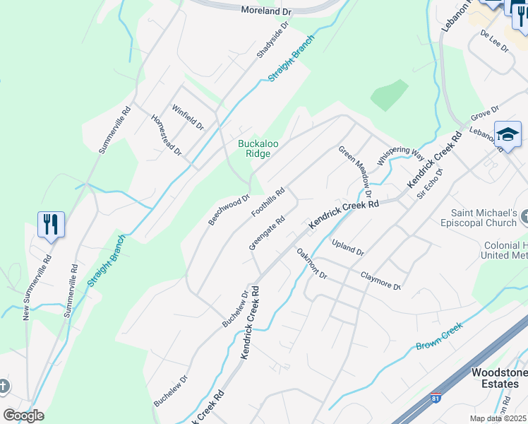map of restaurants, bars, coffee shops, grocery stores, and more near 721 Foothills Road in Kingsport