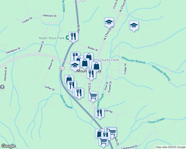 map of restaurants, bars, coffee shops, grocery stores, and more near 109 South Church Street in Mountain City