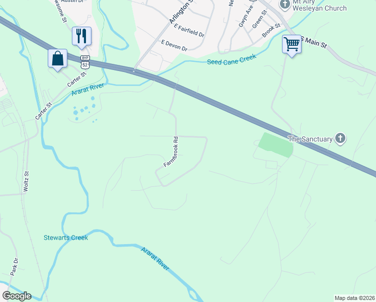 map of restaurants, bars, coffee shops, grocery stores, and more near 115 Fairbanks Court in Mount Airy