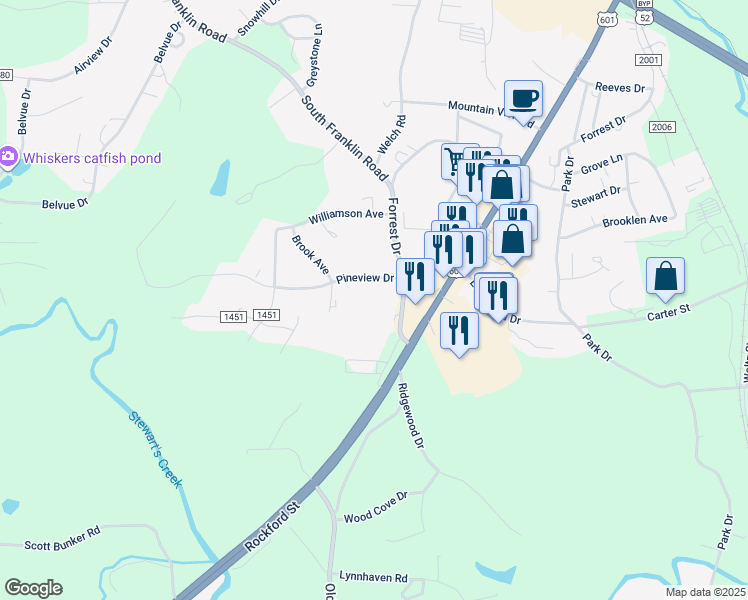 map of restaurants, bars, coffee shops, grocery stores, and more near 1616 Forrest Drive in Mount Airy