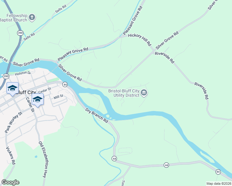 map of restaurants, bars, coffee shops, grocery stores, and more near 208 Riverview Drive in Bluff City