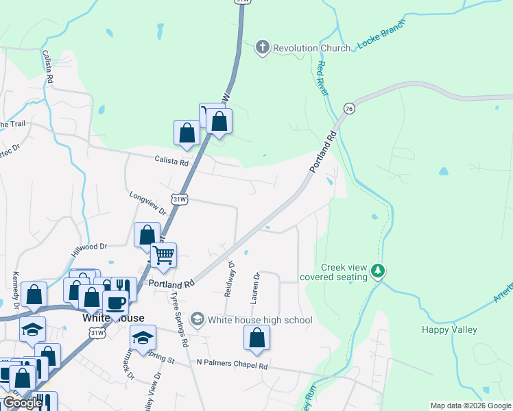 map of restaurants, bars, coffee shops, grocery stores, and more near 310 Eastside Dr in White House