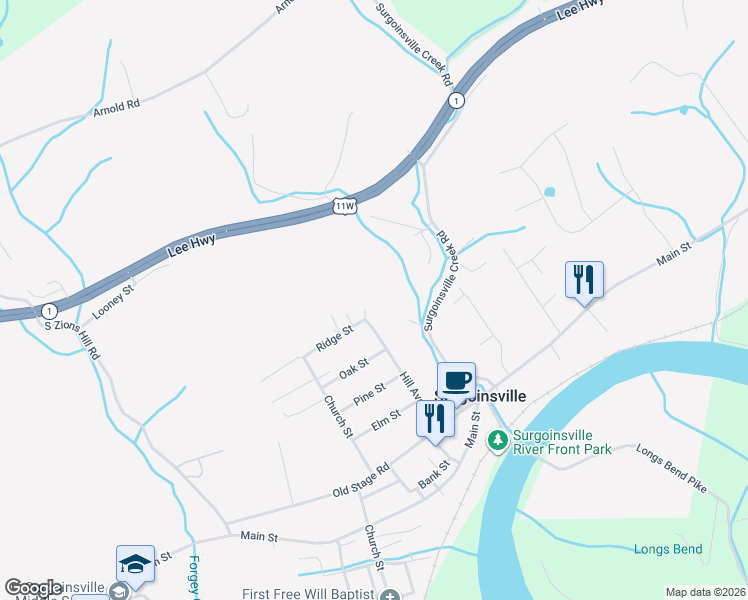 map of restaurants, bars, coffee shops, grocery stores, and more near 104 Ridge Street in Surgoinsville