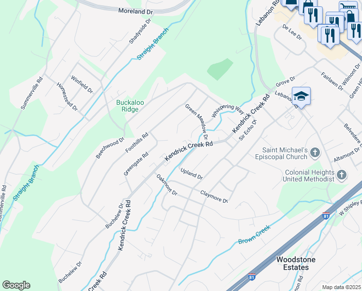 map of restaurants, bars, coffee shops, grocery stores, and more near 905 Kendrick Creek Road in Colonial Heights