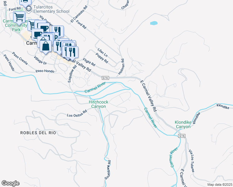 map of restaurants, bars, coffee shops, grocery stores, and more near 51 El Potrero in Carmel Valley