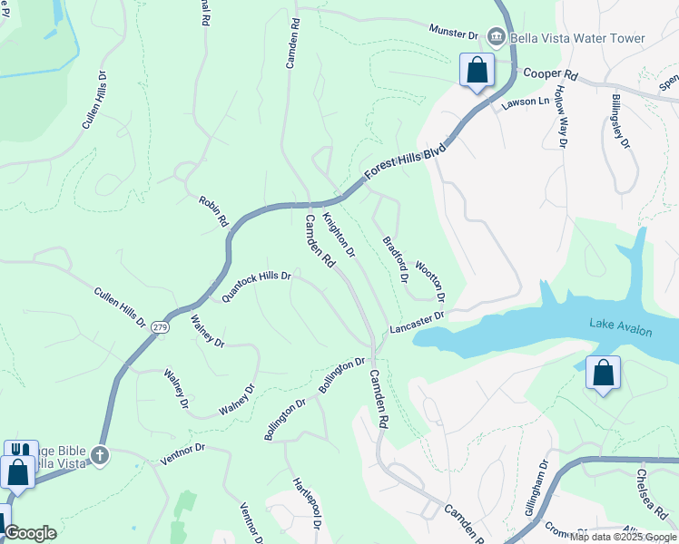 map of restaurants, bars, coffee shops, grocery stores, and more near Camden Road in Bella Vista