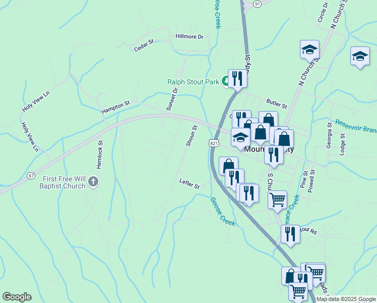 map of restaurants, bars, coffee shops, grocery stores, and more near 219 Shoun Street in Mountain City