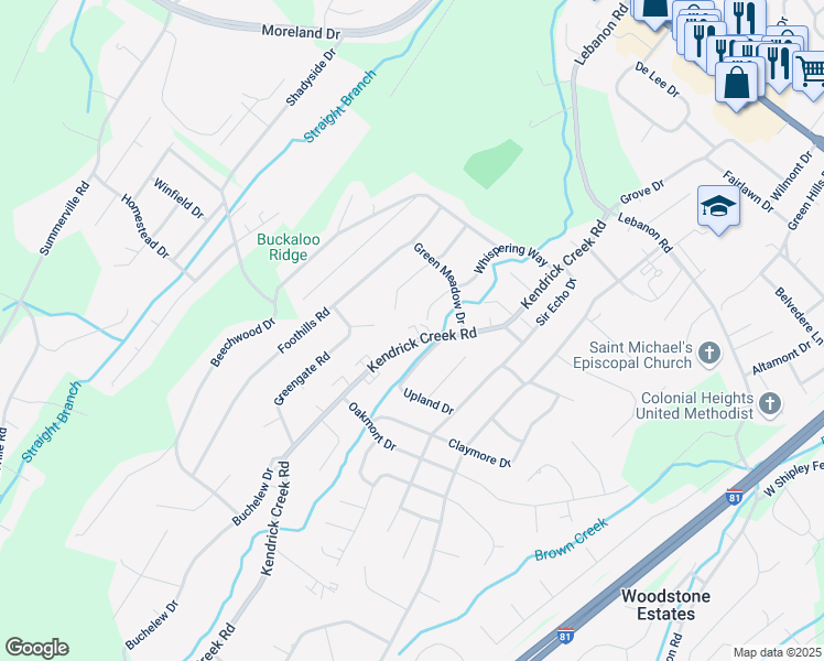 map of restaurants, bars, coffee shops, grocery stores, and more near 905 Kendrick Creek Road in Colonial Heights