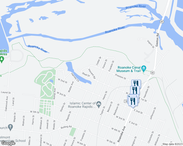map of restaurants, bars, coffee shops, grocery stores, and more near 1 Vincent Road in Roanoke Rapids
