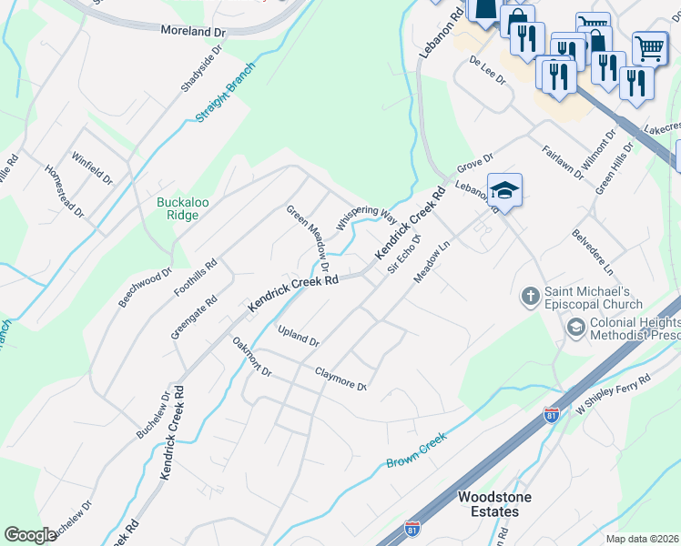 map of restaurants, bars, coffee shops, grocery stores, and more near 801 Summer Hills Court in Kingsport