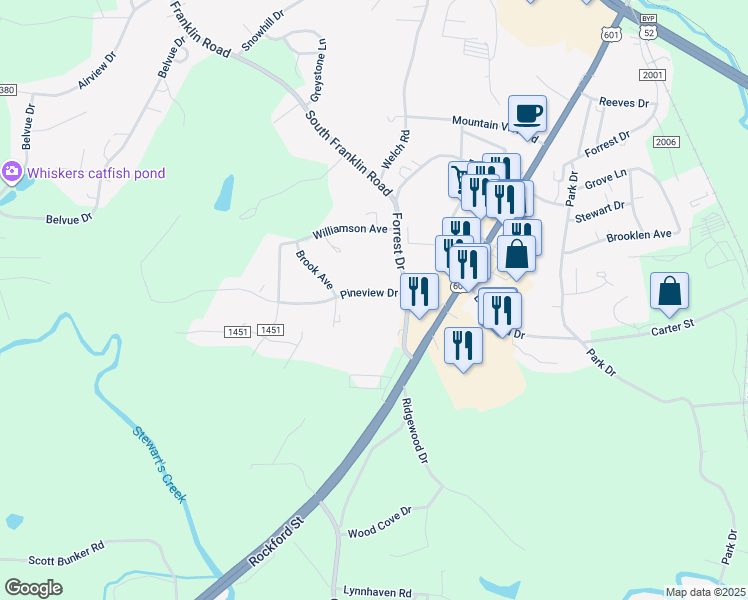 map of restaurants, bars, coffee shops, grocery stores, and more near 141 Pineview Drive in Mount Airy