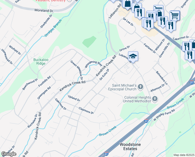 map of restaurants, bars, coffee shops, grocery stores, and more near 712 Kendrick Creek Road in Kingsport