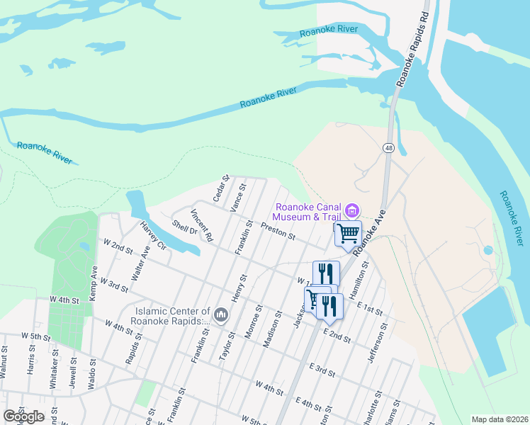 map of restaurants, bars, coffee shops, grocery stores, and more near 27 Henry Street in Roanoke Rapids