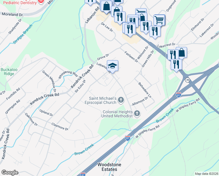 map of restaurants, bars, coffee shops, grocery stores, and more near 107 Lindkaye Drive in Kingsport