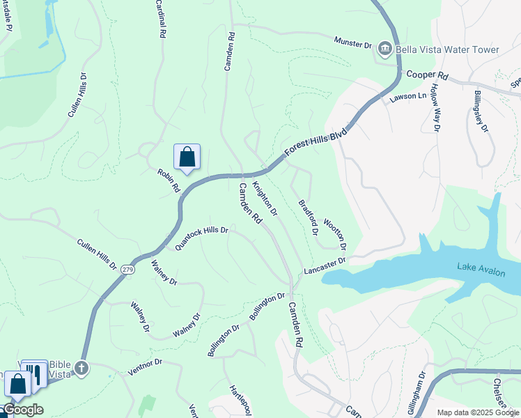 map of restaurants, bars, coffee shops, grocery stores, and more near 16 Knighton Drive in Bella Vista