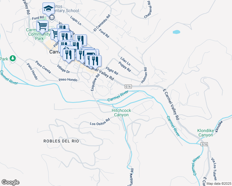 map of restaurants, bars, coffee shops, grocery stores, and more near 53 East Carmel Valley Road in Carmel Valley