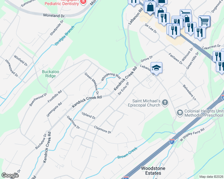 map of restaurants, bars, coffee shops, grocery stores, and more near 712 Kendrick Creek Road in Kingsport