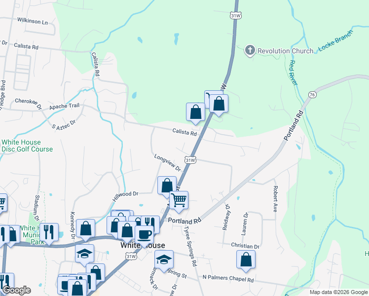 map of restaurants, bars, coffee shops, grocery stores, and more near 103 Sugartree Court in White House
