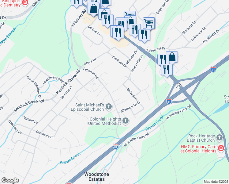 map of restaurants, bars, coffee shops, grocery stores, and more near 523 Lebanon Road in Kingsport