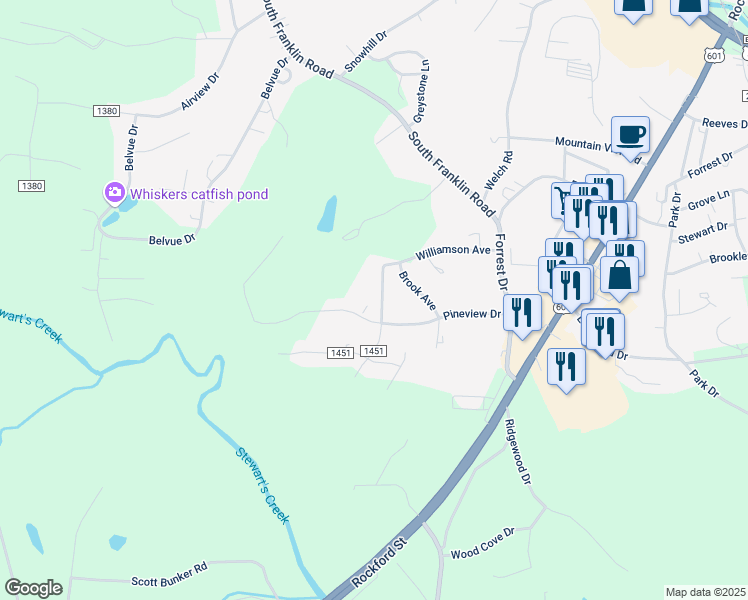 map of restaurants, bars, coffee shops, grocery stores, and more near 160 Valleydale Drive in Mount Airy
