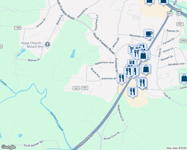 map of restaurants, bars, coffee shops, grocery stores, and more near 140 Brook Avenue in Mount Airy