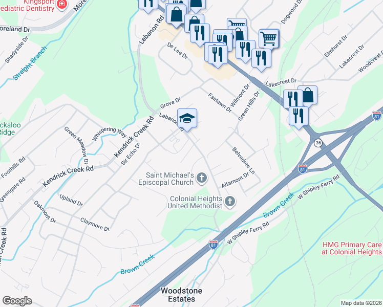 map of restaurants, bars, coffee shops, grocery stores, and more near 107 Lindkaye Drive in Kingsport