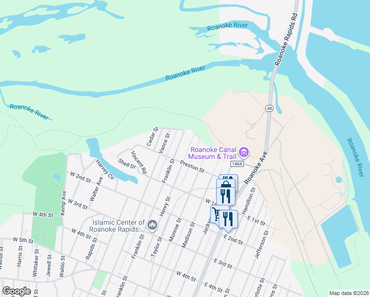 map of restaurants, bars, coffee shops, grocery stores, and more near 27 Henry Street in Roanoke Rapids