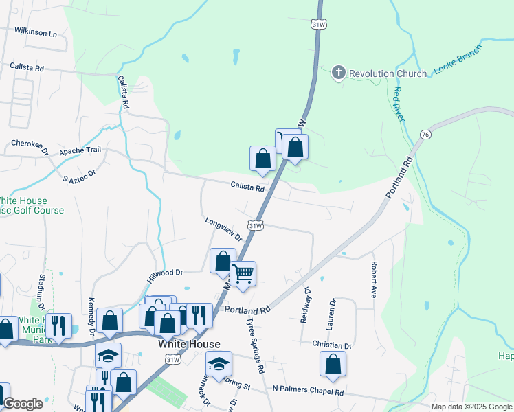 map of restaurants, bars, coffee shops, grocery stores, and more near 3505 West Drive in White House
